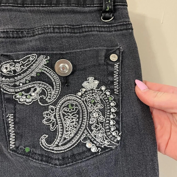 Joujou Women Dark Gray Bootcut Jeans 7/8 Medium Wash Embroidered Paisley Pockets - Picture 1 of 12